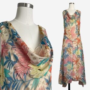 Dressbarn Tropical print sleeveless cowl neck beaded sequin bias cut dress 14